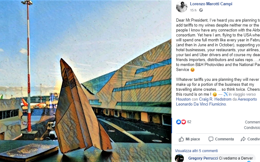 Il messaggio del vignaiolo italiano contro i dazi sul vino del presidente Trump