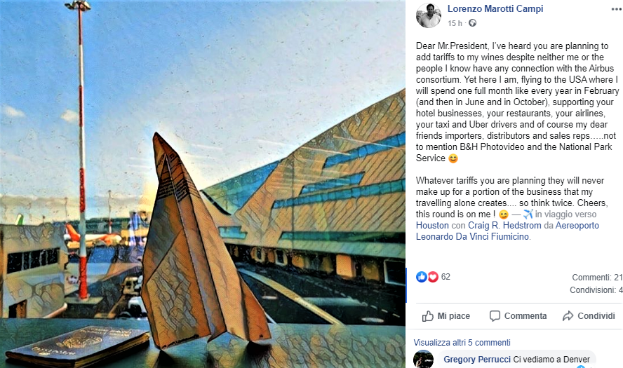 Il messaggio del vignaiolo italiano contro i dazi sul vino del presidente Trump