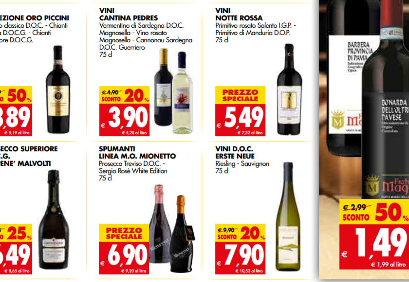 Novembre tra alti e bassi per il vino in offerta al supermercato