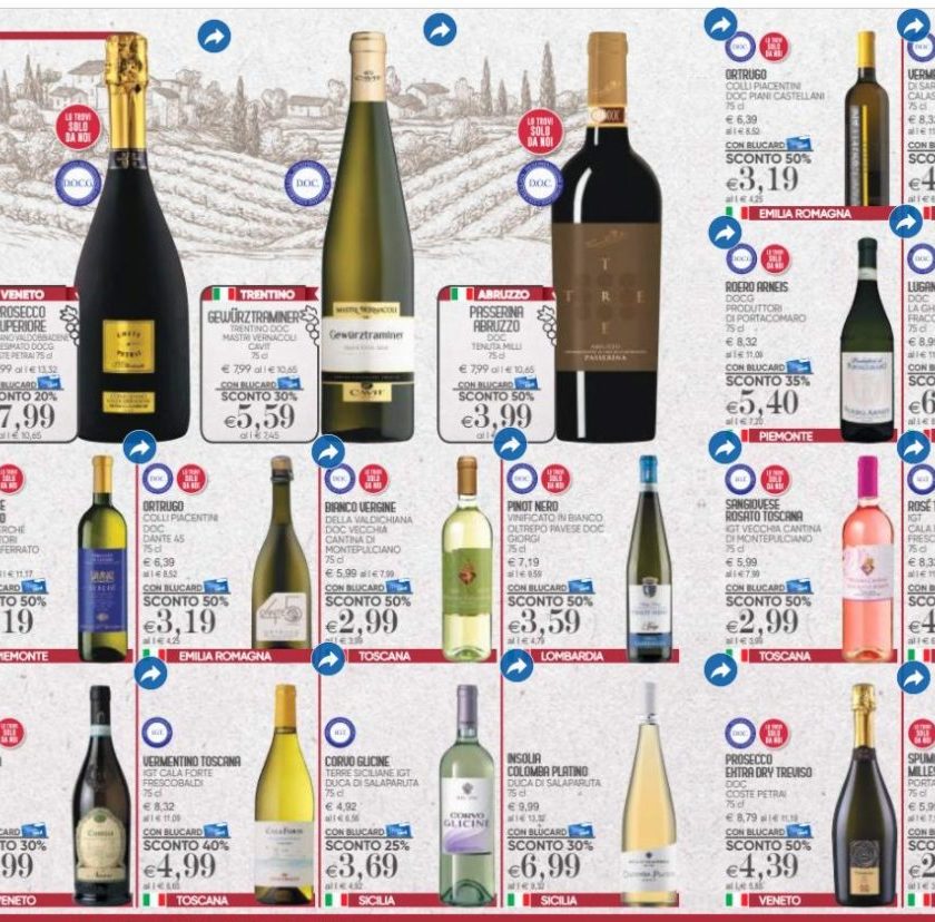 Tra i Sottocosto la spunta Il Gigante valanga di vini da 5 cestelli color Bianco Rosso e oltre...