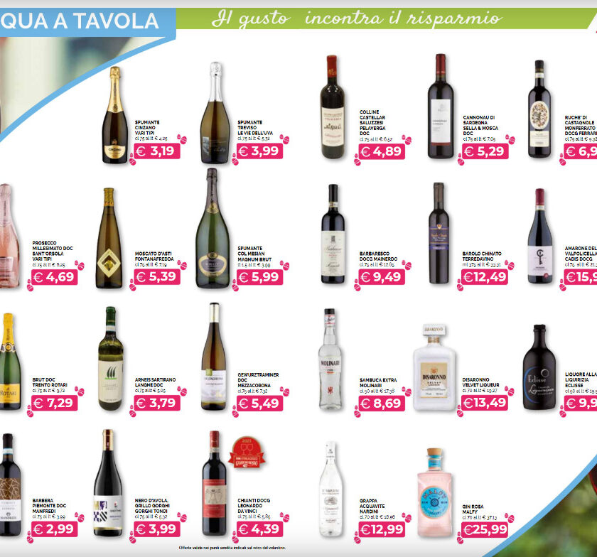 Volantini dei supermercati ricchi di vino in promozione, verso Pasqua 2023