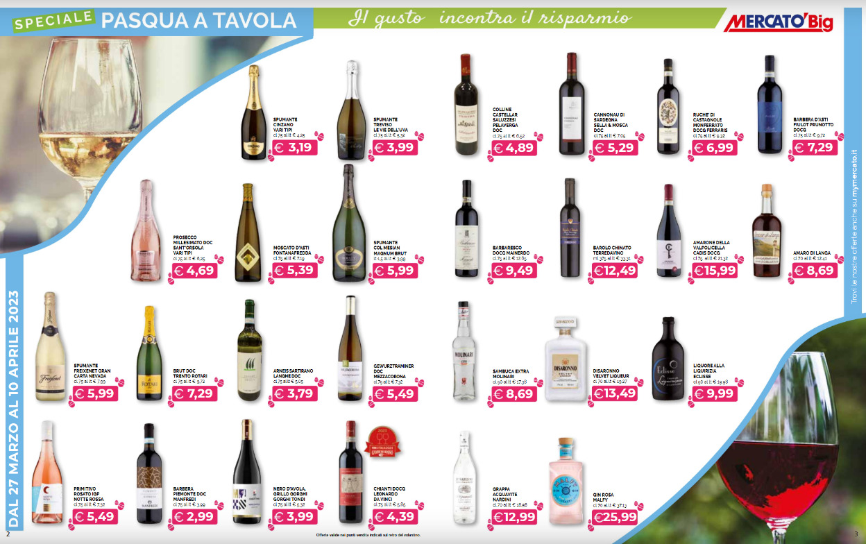 Volantini dei supermercati ricchi di vino in promozione, verso Pasqua 2023 Volantini dei supermercati ricchi di vino in promozione, verso Pasqua 2023