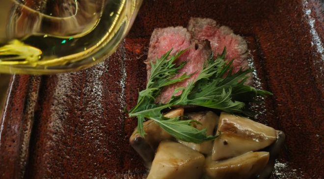 Tagliata di wagyu giapponese con funghi cardoncelli e salsa ponzu al wasabi - Ca’ del Bosco Selva della Tesa 2020 in magnum wine dinner sachi milano cordusio