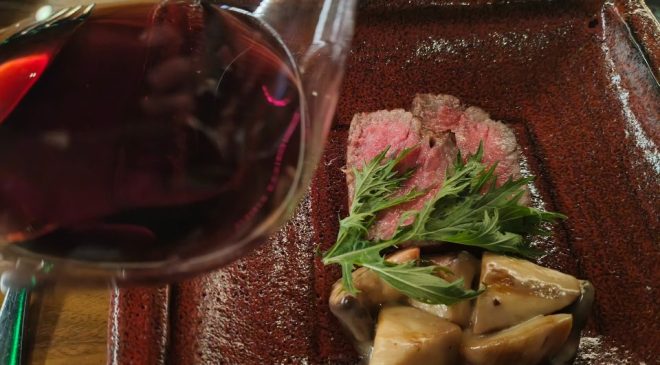 agliata di wagyu giapponese con funghi cardoncelli e salsa ponzu al wasabi – Ca’ del Bosco Pinero 2018 in magnum wine dinner sachi milano cordusio
