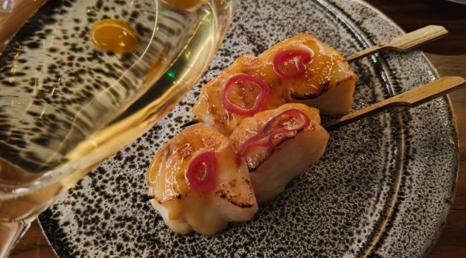 spiedino di merluzzo glassato con salsa al miso - Ca’ del Bosco Franciacorta Vintage Collection Satèn 2018 magnum wine dinner sachi milano cordusio