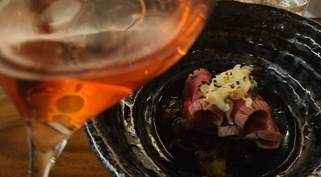 tataki di tonno su letto di cipolla in agrodolce e salsa ponzu - Ca’ del Bosco Franciacorta Cuvée Prestige Rosé Edizione 46 magnum wine dinner sachi milano cordusio