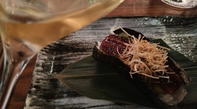 temaki di anguilla, purea di avocado e pepe sansho Ca' del Bosco Franciacorta Vintage Collection Dosage Zero 2020 magnum wine dinner sachi milano cordusio