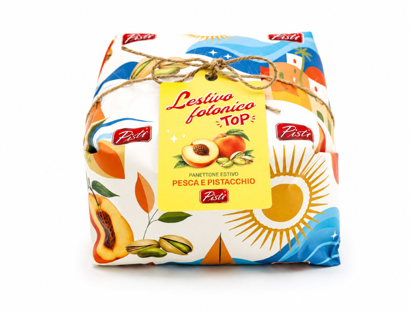 Pistì lancia Lestivo Fotonico TOP il panettone estivo con pesca candita e pistacchio