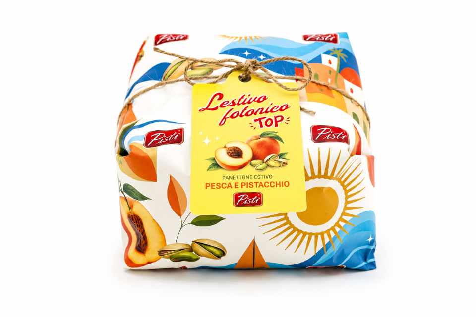 Pistì lancia Lestivo Fotonico TOP il panettone estivo con pesca candita e pistacchio